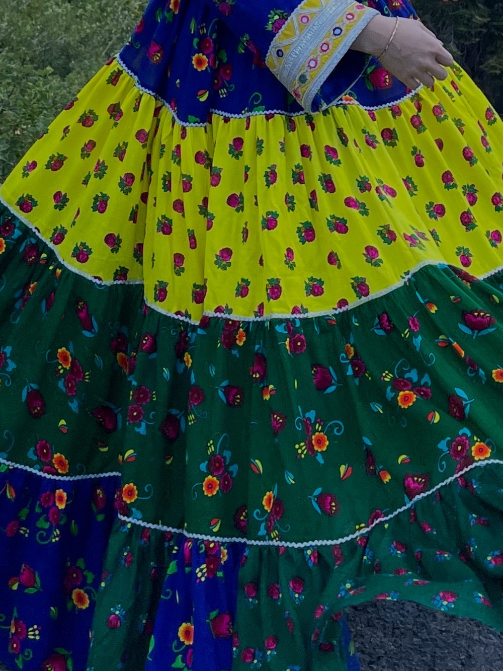 Floral Tiered Maxi Dress in Yellow, Green and Blue